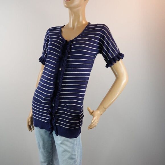 Gap Knit Top Navy Blue White Pinstripe Button Front Short Sleeve Tunic Womens M - Picture 2 of 10